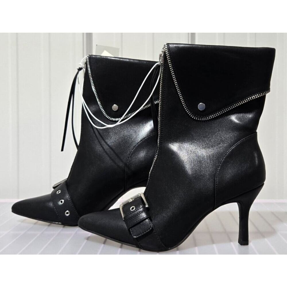 Mickey Point Toe Fold-Over Moto Ankle Boot Black Silver Stiletto Sz 7, 7.5, 8‎ - Picture 5 of 7